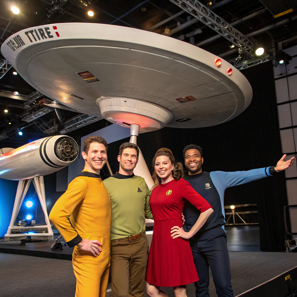 AI generated image by Red Panda AI: Quiero una imagen del equipo y la Nave Enterprise de Start Treck Strange New World con los actores de la serie.