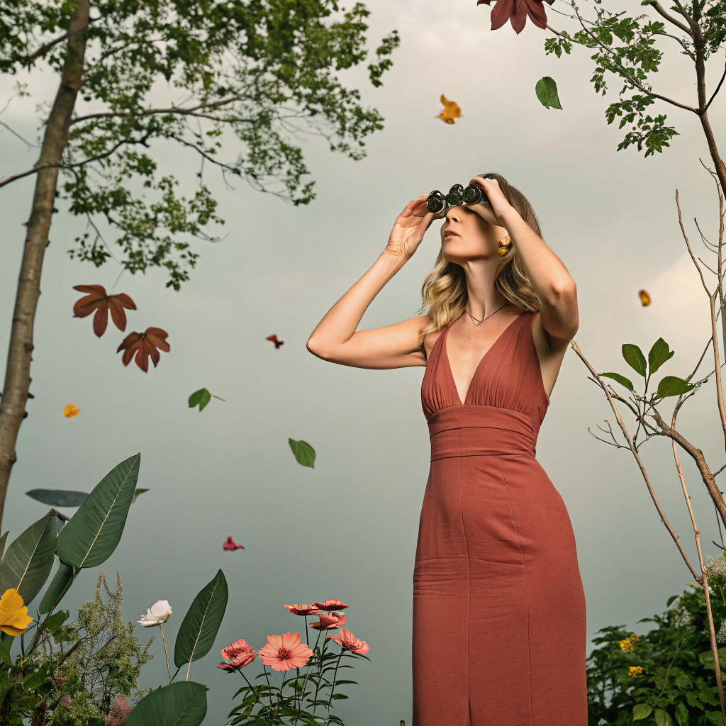 AI generated image by FLUX.1-schnell: i want an image of a woman looking forward with a tight dress. her hands covers her eyes. she is surrounded by nature objects.