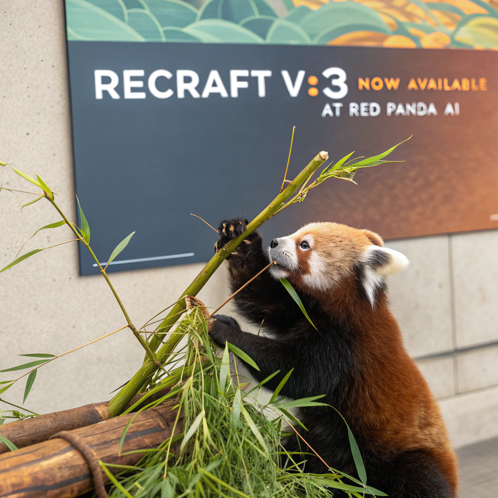AI generated image by Red Panda AI: a red panda eating a bamboo in front of a poster that says "recraft V3 now available at red panda ai