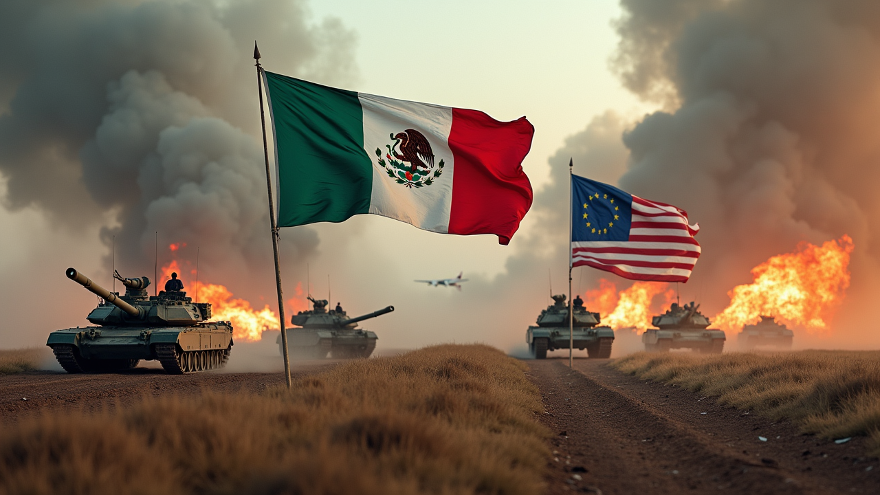 AI generated image by Red Panda AI: image of a battlefield with smoke and fire, with tanks and planes, with the flag of Mexico, the flag of the European Union, the flag of the United States in the middle.