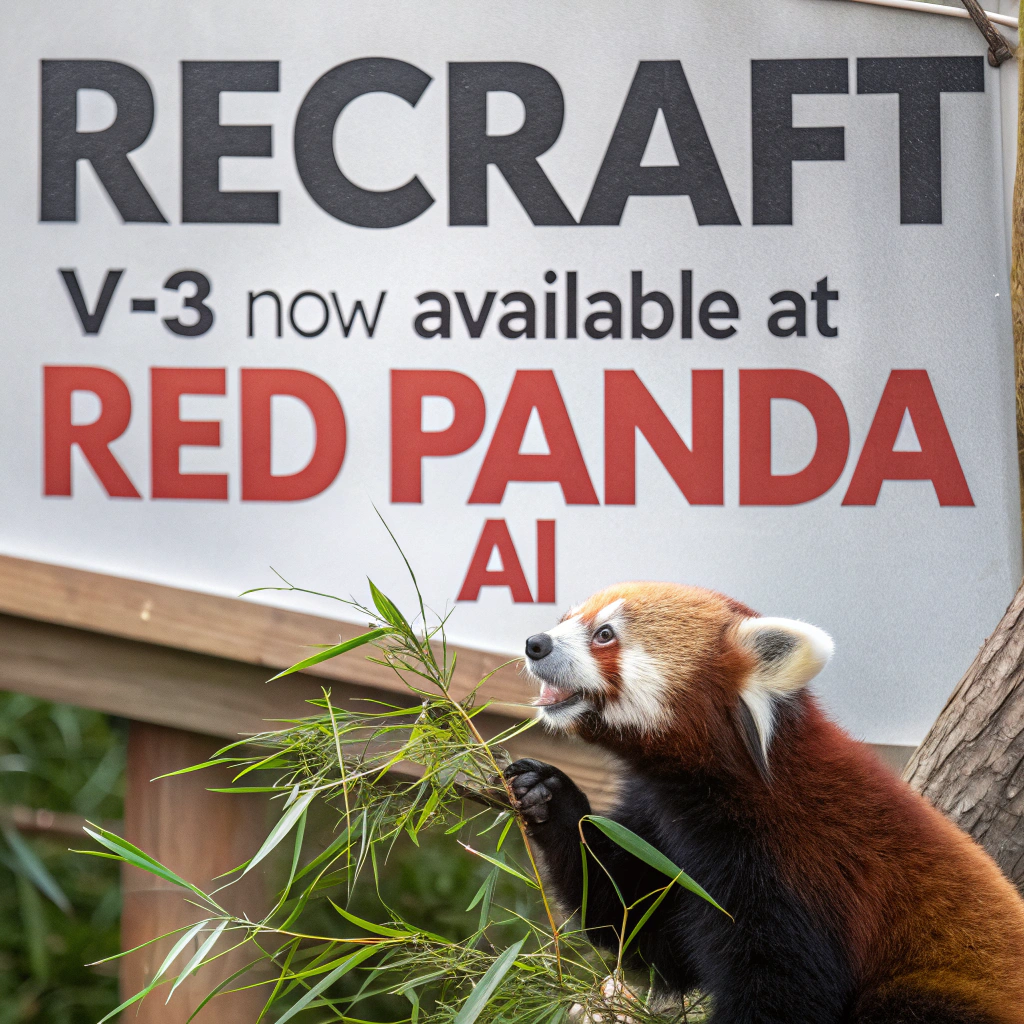 AI generated image by Red Panda AI: a red panda eating a bamboo in front of a poster that says "recraft V3 now available at red panda ai