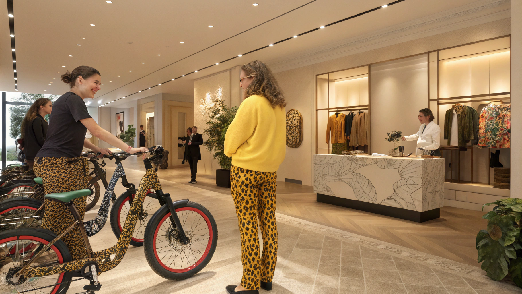 AI generated image by Red Panda AI: Create a highly realistic image of a luxury e-bike event held in an upscale boutique. Include a person wearing a yellow top with leopard-print pants, smiling and interacting with others at the event. This person is with a fitting ebike with leopard pattern. The event should feature various custom e-bikes with their owners, with crazy other patterns on their e-bikes. The setting should have a modern and elegant interior, showcasing the 3D customization booth and groups of attendees engaged in conversation. The atmosphere should be joyful yet luxurious, with warm lighting and decor that enhances the custom designs of the e-bikes.