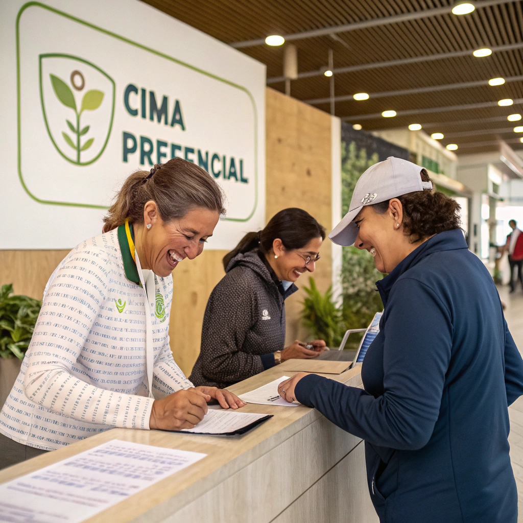 AI generated image by Red Panda AI: puesto de salud donde inscriben personas a un programa llamado "PLAN CIMA PREFENCIAL" . Este nombre debe ir muyu visible en la imagne en un ambiente de cordialidad