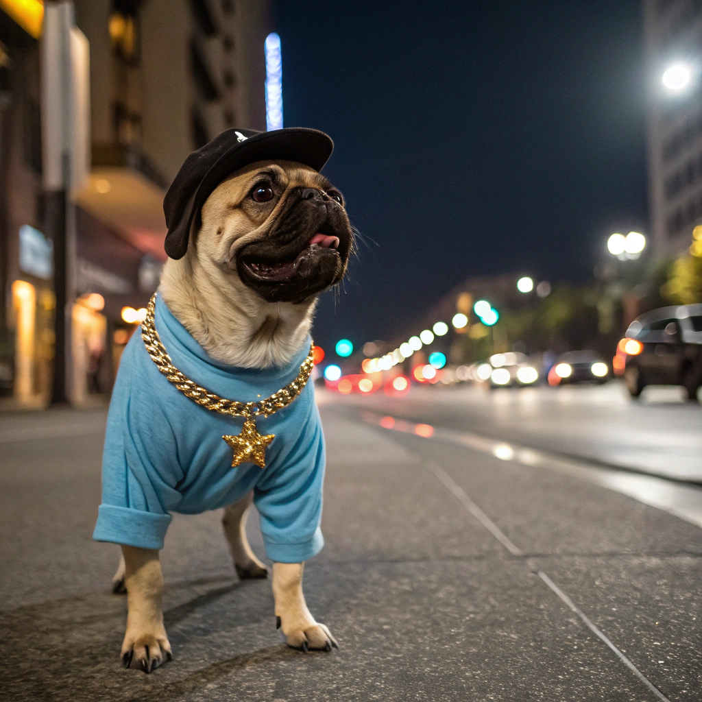 AI generated image by Red Panda AI: Un pug de pelage beg y hocico oscuro, vestido con una camisa manga larga azul, una cadena dorada al rededor del cuello y una gorra negra hacia atrás, caminando erguido en dos patas por una conocida calle de las estrellas de hollywood los angeles durante la noche. , el perro muestra un exprecion alegre. A su alrededor se observa carros estacionados y edificios por la cámara enfocada frontal