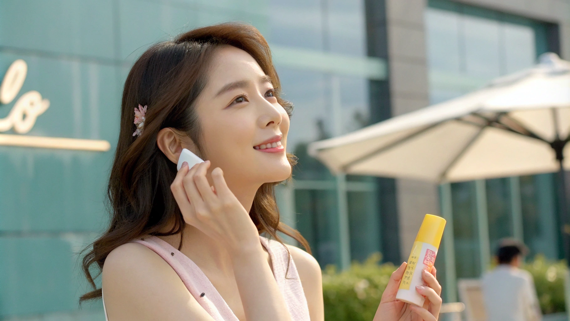 AI generated image by Red Panda AI: A scene from a Sunstick commercial video, a pretty Korean female model applying the Sunstick to her face, a Korean female model