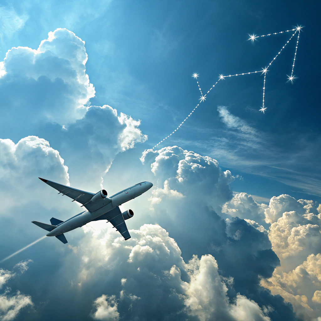 AI generated image by Red Panda AI: 飛機飛過,雲朵是巨蟹座的圖案