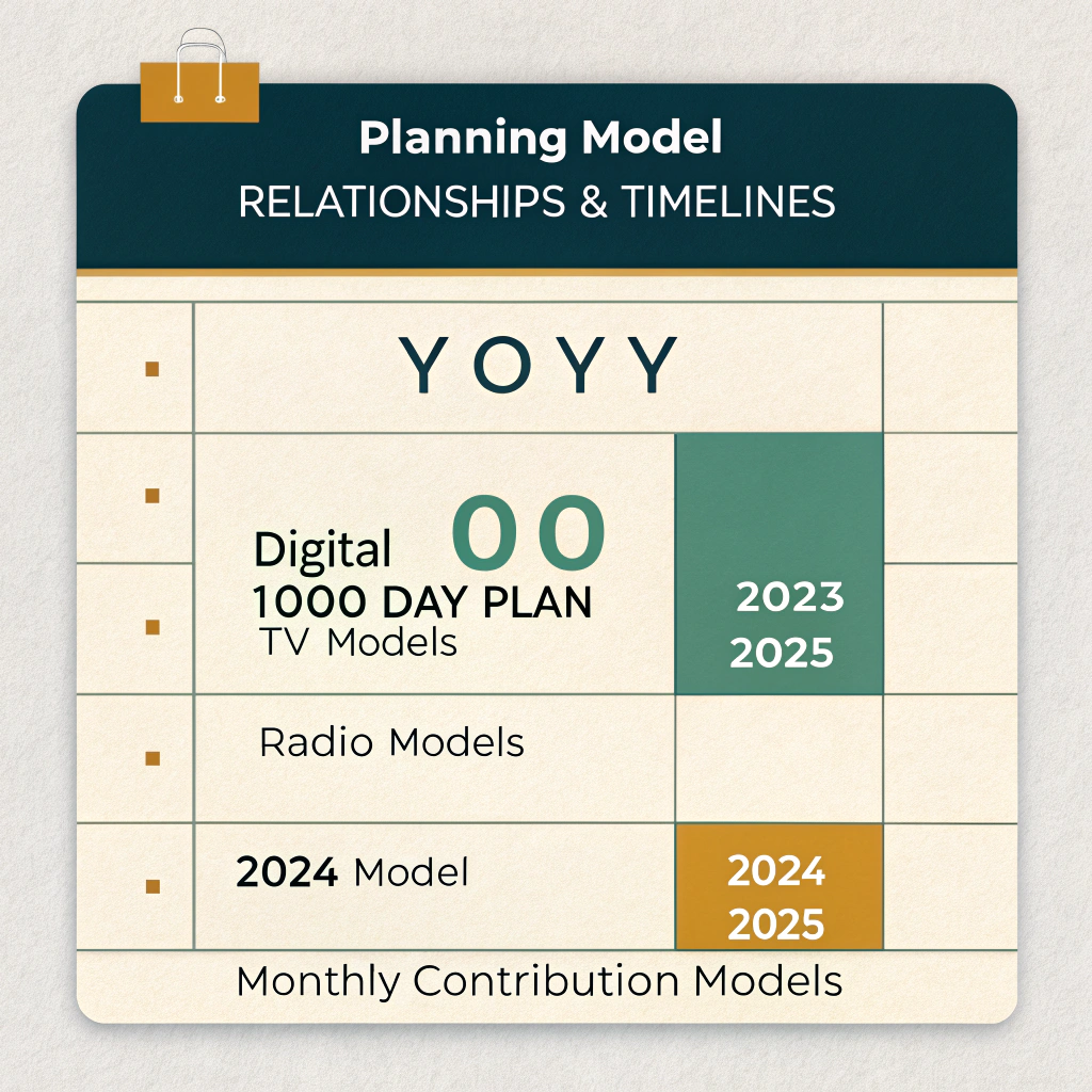 AI generated image by Red Panda AI: gantt
title Planning Model Relationships & Timelines
dateFormat YYYY
axisFormat %Y
todayMarker off
section 1000 Day Plan
1000 Day EBITDA Plan :2023, 2025
section Annual Business Model
2023 Model :2023, 2024
2024 Model :2024, 2025
2025 Model :2025, 2026
section Monthly Contribution Models
Digital Models :2023, 2025
TV Models :2023, 2025
Radio Models :2023, 2025