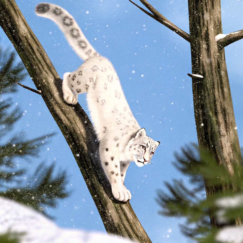 AI generated image by Red Panda AI: snowy leopard coming down from a tree