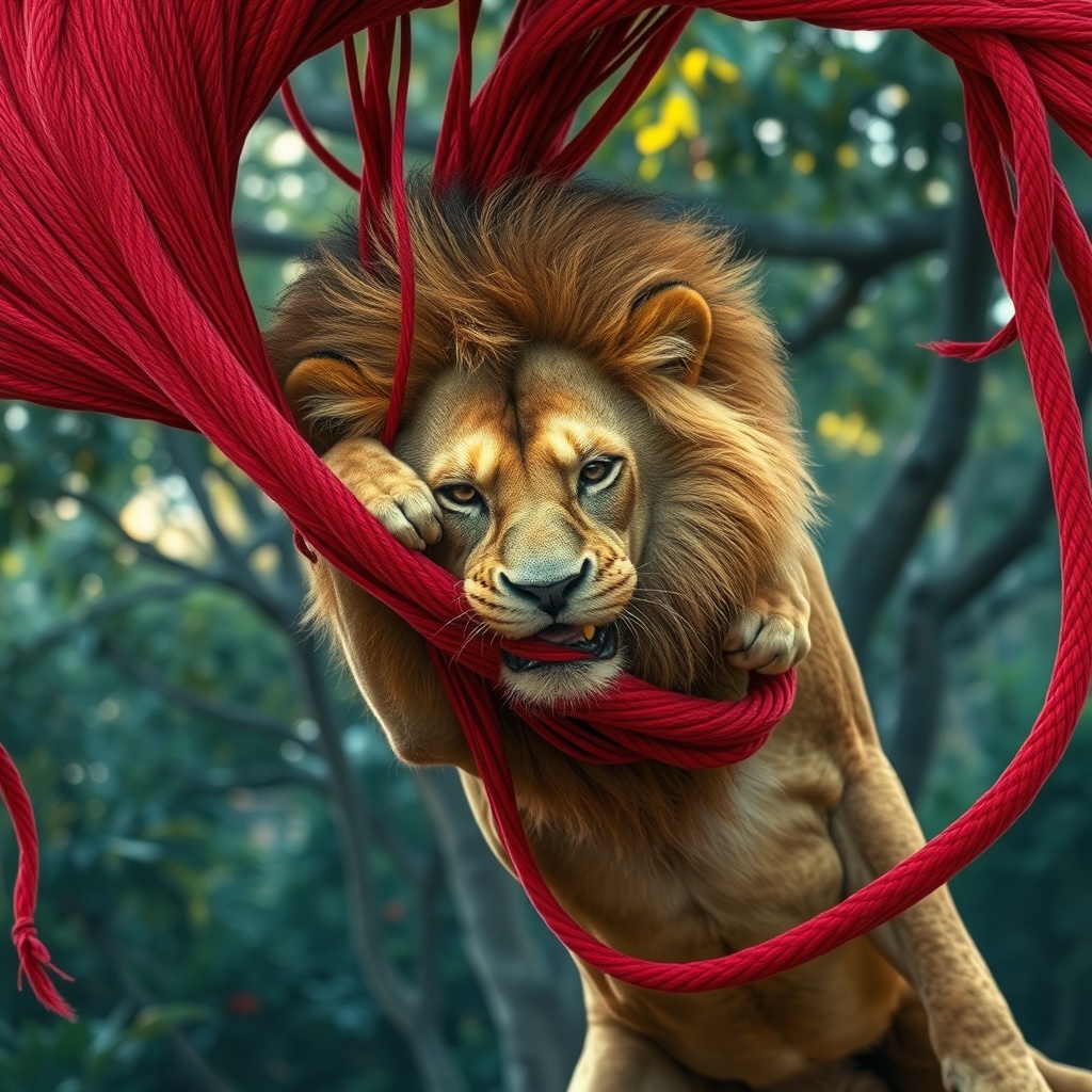 AI generated image by FLUX.1-schnell: Un triste león con melena dorada está atrapado en una gruesa red color café que lo levanta en el aire. Su expresión es de desesperación mientras ruge con fuerza, tratando de liberarse. La red de cuerdas gruesas lo aprieta, y su musculoso cuerpo lucha contra las ataduras. Al fondo, la densa selva africana con árboles frondosos y luces filtradas entre las hojas.