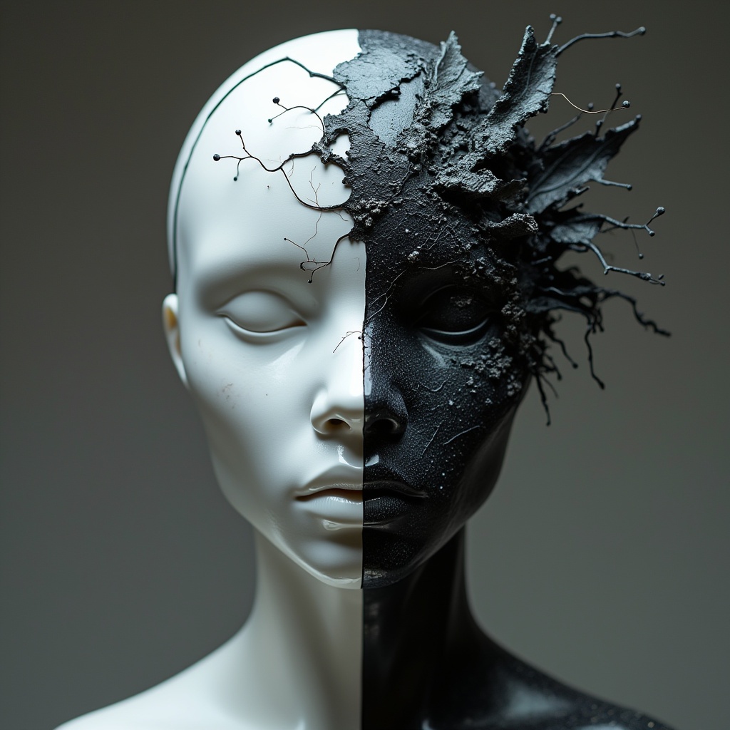 AI generated image by FLUX.1-pro: Esta máscara cubre únicamente el rostro, dejando el cabello completamente visible. Su diseño representa la lucha interna entre la luz y la oscuridad, con un acabado elegante y gótico.
La parte derecha del rostro es de porcelana blanca impecable, con un acabado liso y detalles sutiles en filigrana plateada o dorada. Representa la pureza y el pasado glorioso.
La parte izquierda está agrietada y desgastada, como si estuviera fragmentándose. Su textura es rugosa, con tonos negro mate o gris carbón, simulando cenizas o piedra rota. Se pueden ver grietas finas que brillan en rojo oscuro, azul profundo o violeta, dando la impresión de energía contenida.
Ambas cavidades oculares son profundas y oscuras, pero en la parte dañada, el contorno se ve desgarrado, como si la máscara hubiera sido parcialmente destruida.
Los extremos de la máscara tienen inscripciones góticas, runas o marcas simbólicas que representan la caída y la redención. Algunas versiones pueden incluir líneas que simulan lágrimas negras o marcas de quemaduras