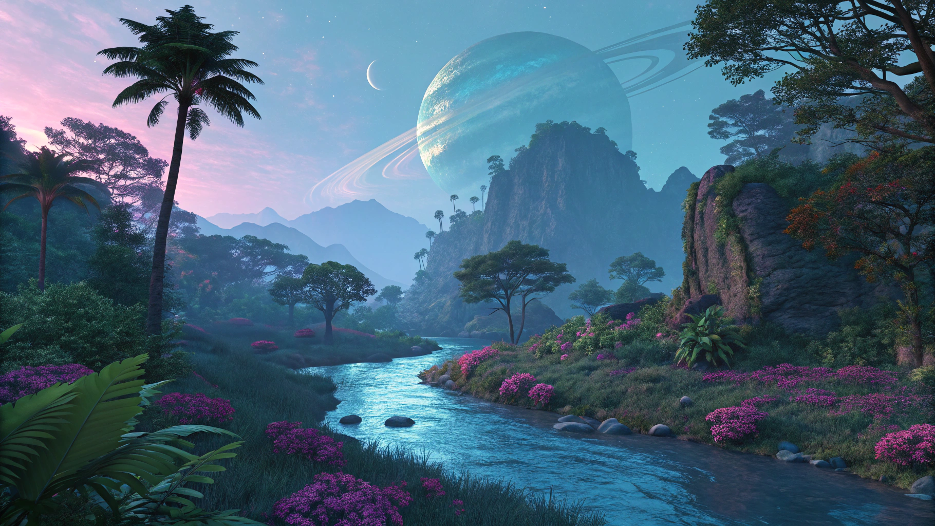 AI generated image by Red Panda AI: Surreal glitch art of a tropical rainforest with a small river and impressive rock formations, neon colors, twilight, 3D design, a colossal, ocean planet with swirling blue waters in the sky, spring, blooming flowers, gentle breeze.