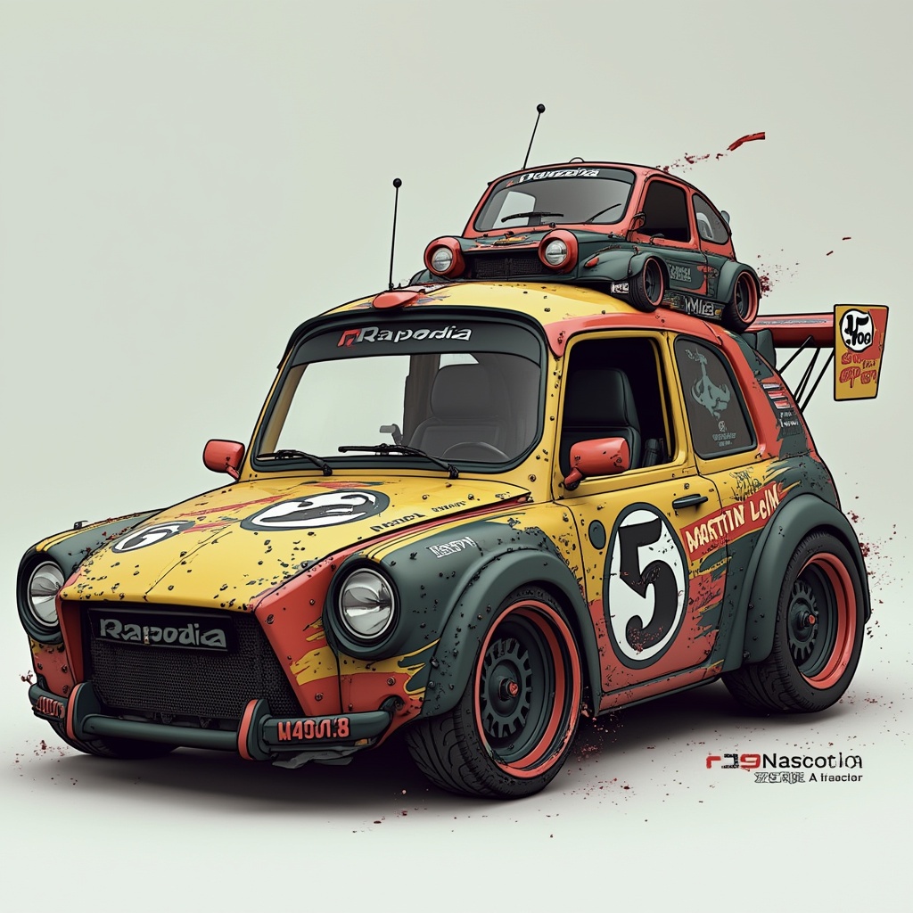 AI generated image by FLUX.1-pro: El boceto de un auto llamado RAPSODIA con diseños de número 5 en los spoilers de las ruedas