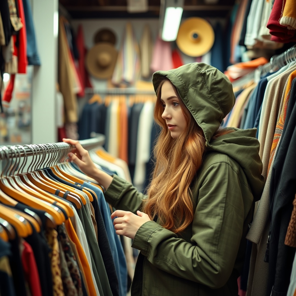 AI generated image by FLUX.1-schnell: vibrant image in a vintage clothing store. young women with long brown hair, green parka, searching for clothes an a clothing rail. standing between different clothings racks.