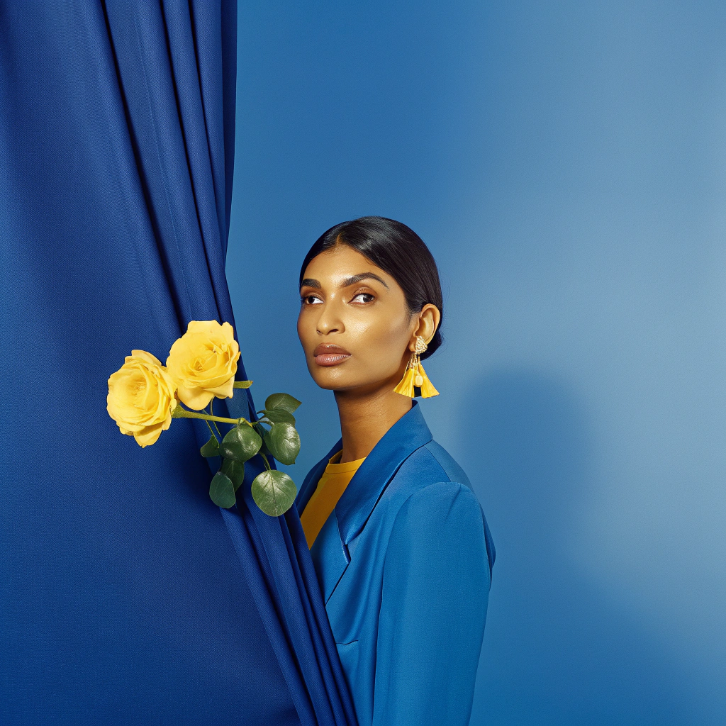 AI generated image by Red Panda AI: three-quarter portrait of an editorial fashion model wearing delicate small earrings, high-gloss magazine style, soft studio lighting, sharp facial features, elegant makeup, minimal background, Vogue-inspired composition, ultra-high resolution, no text.