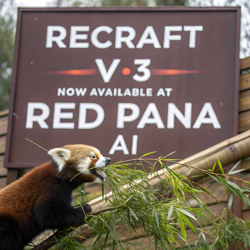 AI generated image by Red Panda AI: a red panda eating a bamboo in front of a poster that says "recraft V3 now available at red panda ai