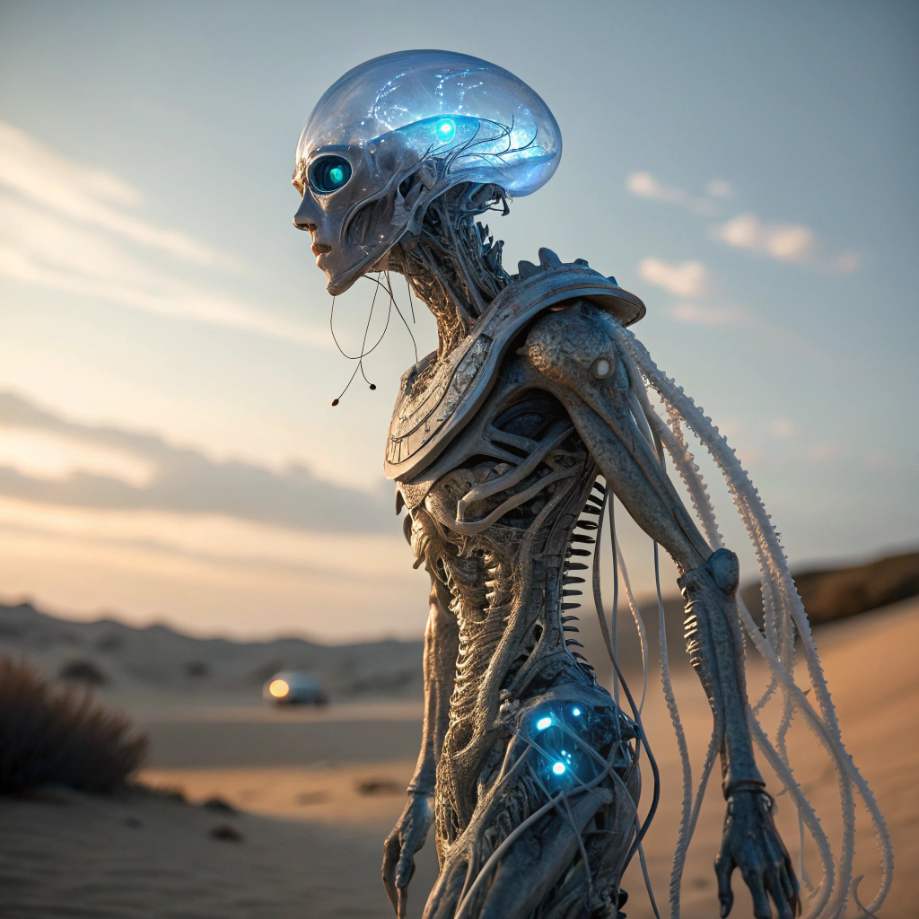 AI generated image by Red Panda AI: "A highly detailed and realistic depiction of a biomechanical alien as a mixture of a jellyfish and a bit human. It has to seem live not a machine. The alien has translucent, shimmering parts, a smooth head with a glowing blue visor, and biomechanical limbs with intricate wiring and claws. Its body has a mix of biomechanical textures, including synthetic fibers and exoskeleton plating. The background is a desert landscape with a soft gradient sky, evoking an otherworldly and futuristic atmosphere. The lighting highlights the metallic surfaces, with subtle reflections and glowing elements, creating a lifelike and futuristic appearance."