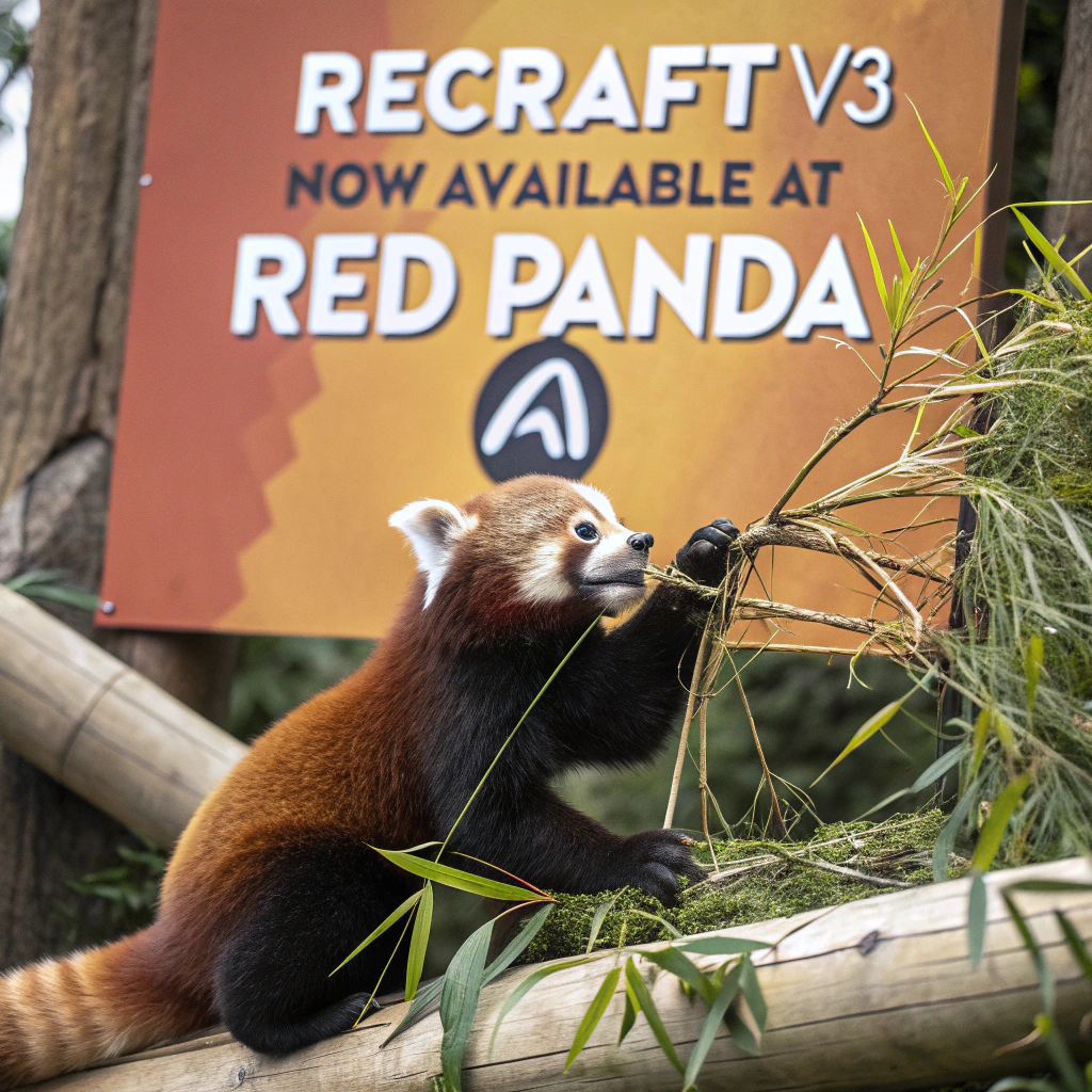 AI generated image by Red Panda AI: a red panda eating a bamboo in front of a poster that says "recraft V3 now available at red panda ai