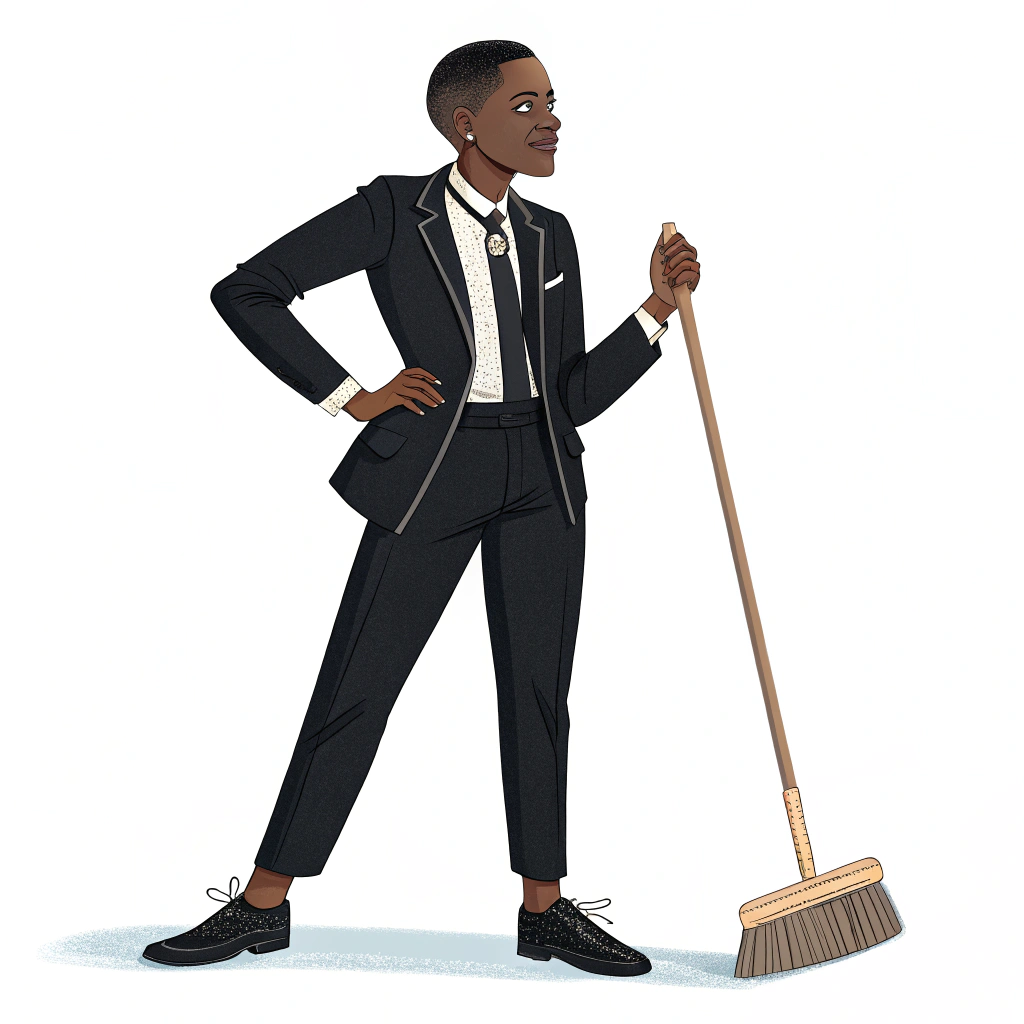 AI generated image by Red Panda AI: hazme a una persona de color de piel negra que tenga un traje elegante negro con corbata incluida y que tenga un trapeador y tenga pelo corto