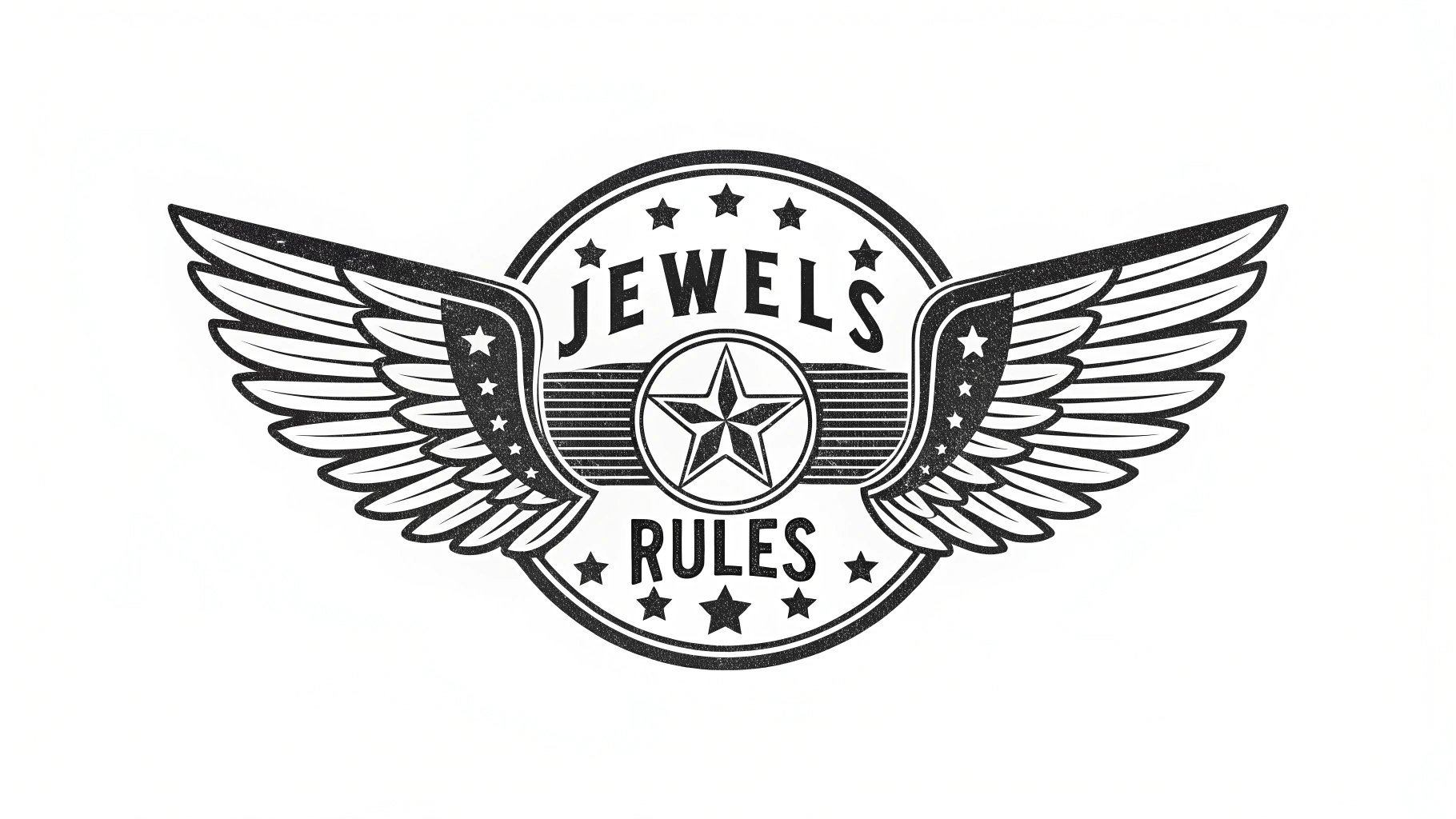 AI generated image by Red Panda AI: Band logo for the band, "Jewels Rules" on a shirt, Americana, blues, authentic, wood and leather, rock and roll, rockabilly, simple, monochrome,