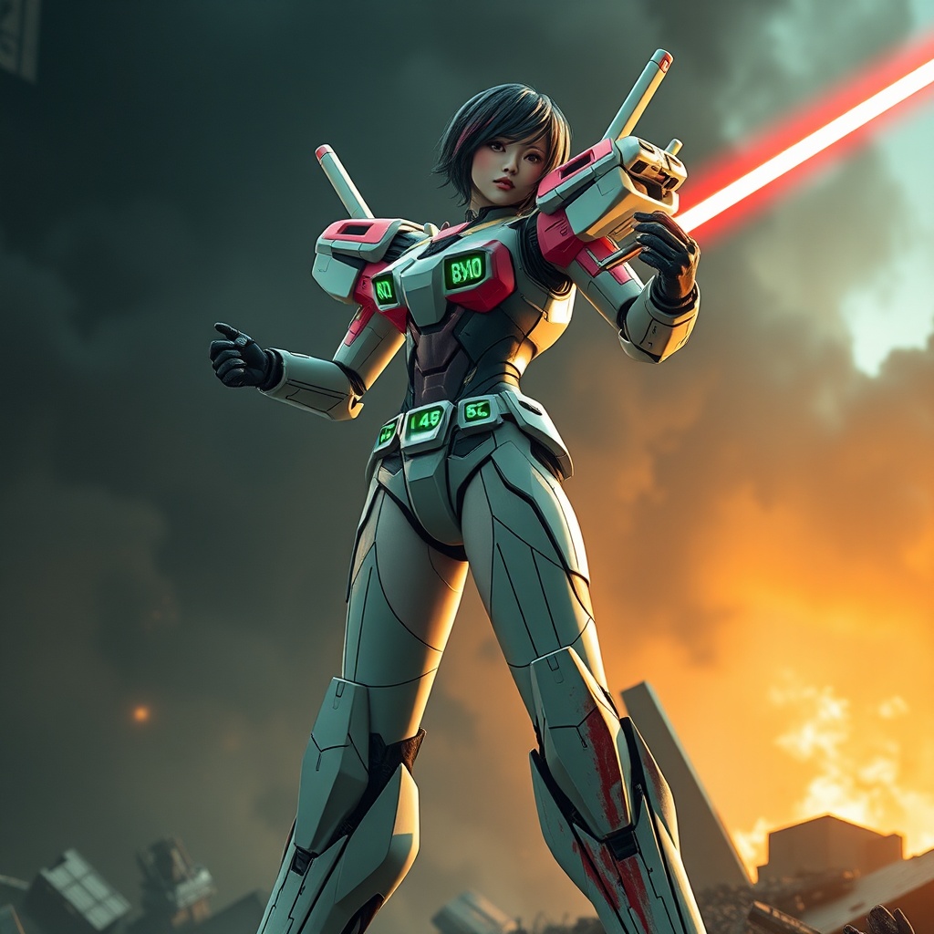 AI generated image by FLUX.1-schnell: Masterpiece full body of a Real Man,Virtual reality, skin like a real person , Best Quality,Beauty, full body image,War Cinematography , best shadows best illustrations Wallpaper size 1080×2400 px Detailed A realistic sci-fi image, similar to Hollywood movies. Full-length image of a Southeast Thai girl 14 years old very very big breasts, big breasts, short hair, dark pink and blue hair, white skin hold a light saber and slash it forward, her face looking straight ahead but her eyes looking to the right. Her face shows an indifferent but powerful expression on her face. There is a long blood-streaked map. She is wearing a modern but retro robot costume in light green and pink color with the logos green text of "CGM48", and pink text of "BNK48", on the costume. She is standing on the feet of a large robot (only the robot's feet are visible). Low-key lighting gives an apocalyptic feel. The background is a collapsed building with billowing smoke. GUNDAM image. Many storm troopers are chasing after him from behind.