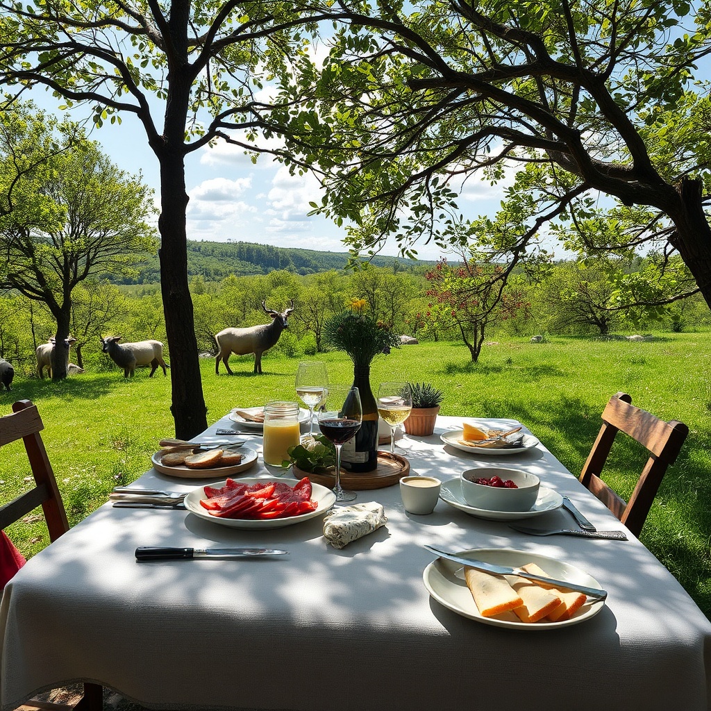 AI generated image by FLUX.1-schnell: crée moi une image d'une table de déjeuner champêtre au milieu de la nature, avec des arbres et du gazon dans le décors.
La table est couverte de couverts et de plats avec de la charcuterie, du fromage, du vin.
Aucun humain ne doit être présent sur l'image.
La météo est ensoleillée et radieuse.