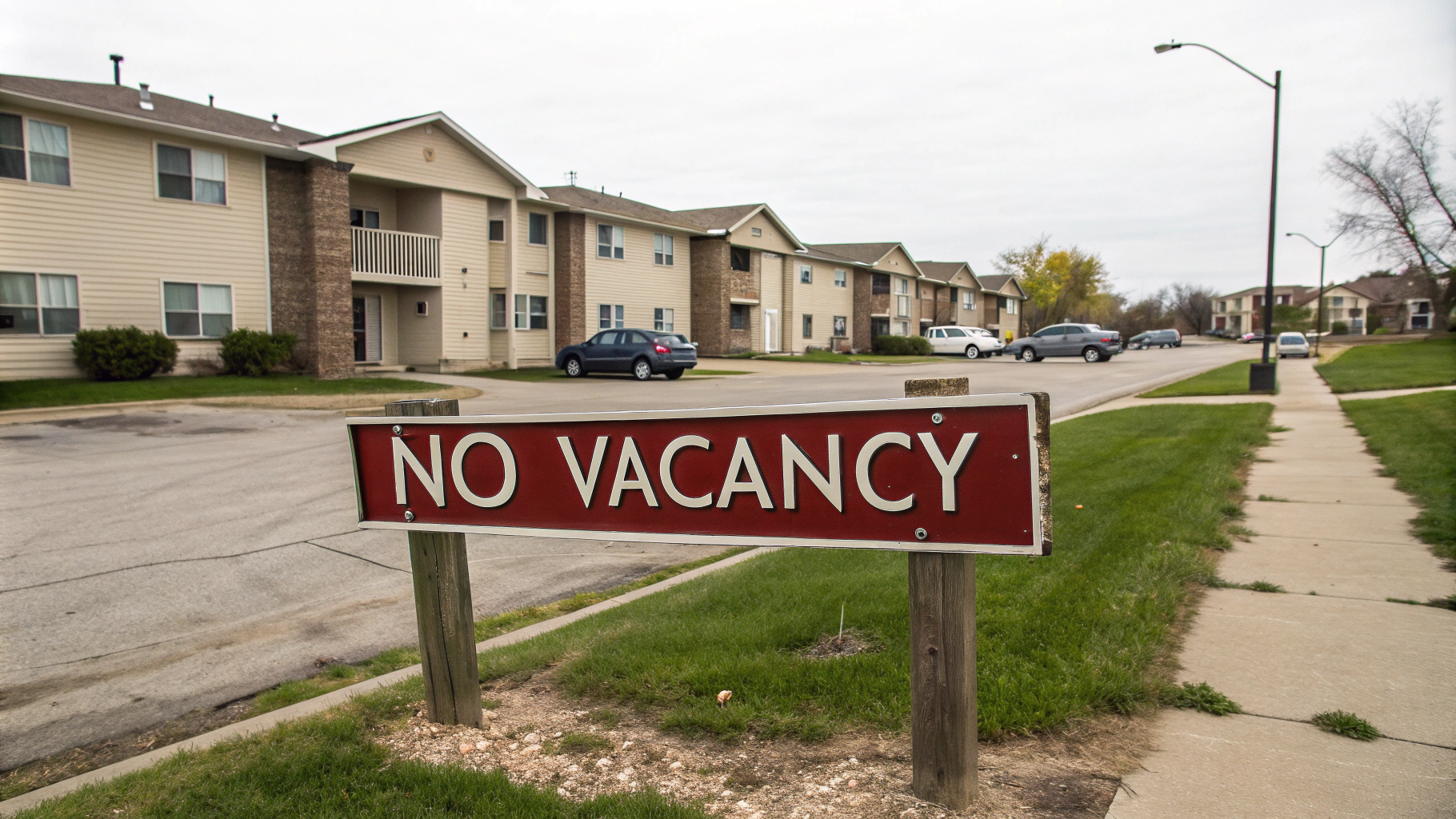 AI generated image by Red Panda AI: "No Vacancy in Blair, Nebraska" sign in front of apartment complex