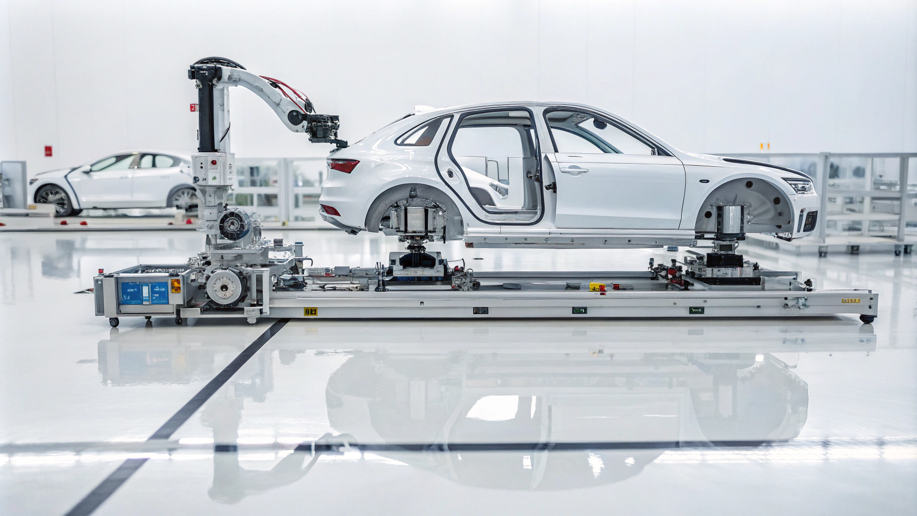 AI generated image by Red Panda AI: a machine assembling cars on a white clean background with reflections