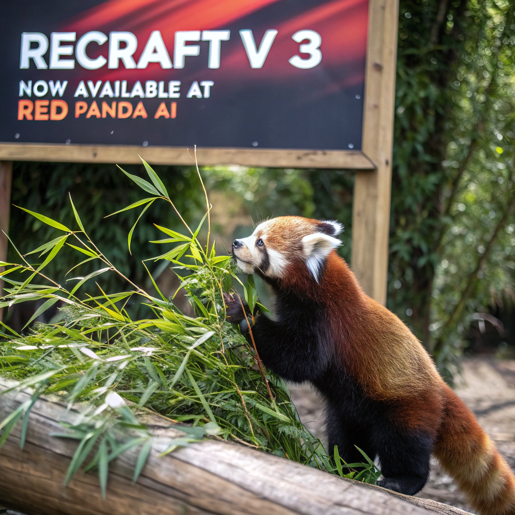 AI generated image by Red Panda AI: a red panda eating a bamboo in front of a poster that says "recraft V3 now available at red panda ai