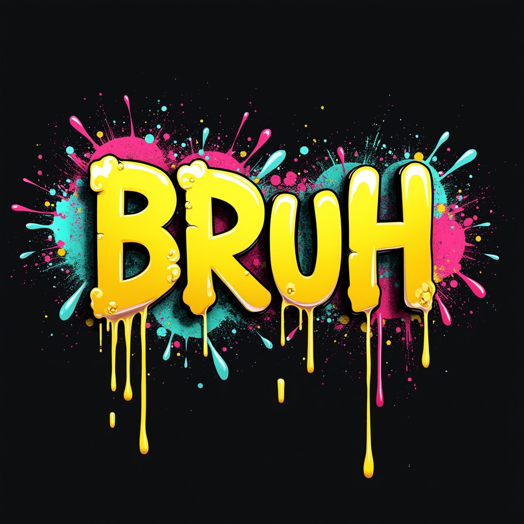 AI generated image by FLUX.1-pro: A graffiti-style digital artwork with the text "BRUH" in bold yellow 3D letters against a black background. The text is surrounded by vibrant paint splatter effects in pink, turquoise, and yellow colors. The paint drips down from the letters in a graffiti art style, creating long streams of paint that extend downward. The paint splatter has a dynamic, explosive pattern with small dots and specks scattered throughout. The letters have a shadow effect that makes them pop out from the background. The paint drips have a glossy, wet appearance and vary in thickness. The overall composition has a modern, urban street art aesthetic with high contrast against the deep black background. The paint splatter pattern extends beyond the text, creating a frame-like effect around the central letters.