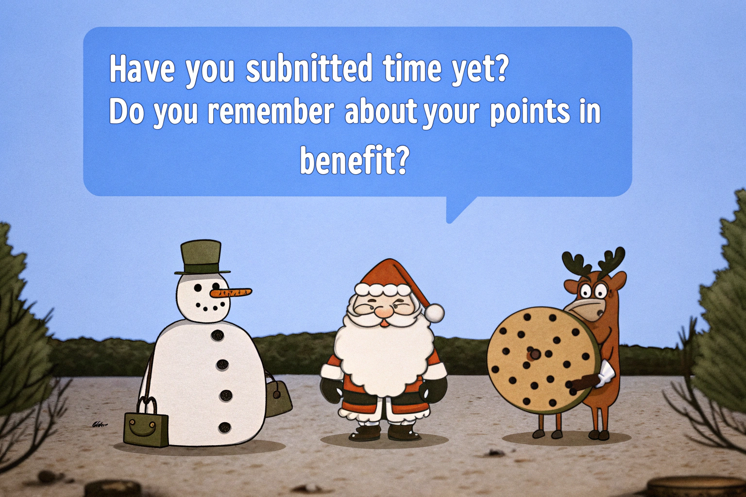 AI generated image by Red Panda AI: snowman santa claus reindeer and looking leaning out from the side cookie character whispering
Have you submitted Time yet
Do you remember about your points in Benefit
also add a small clock icon