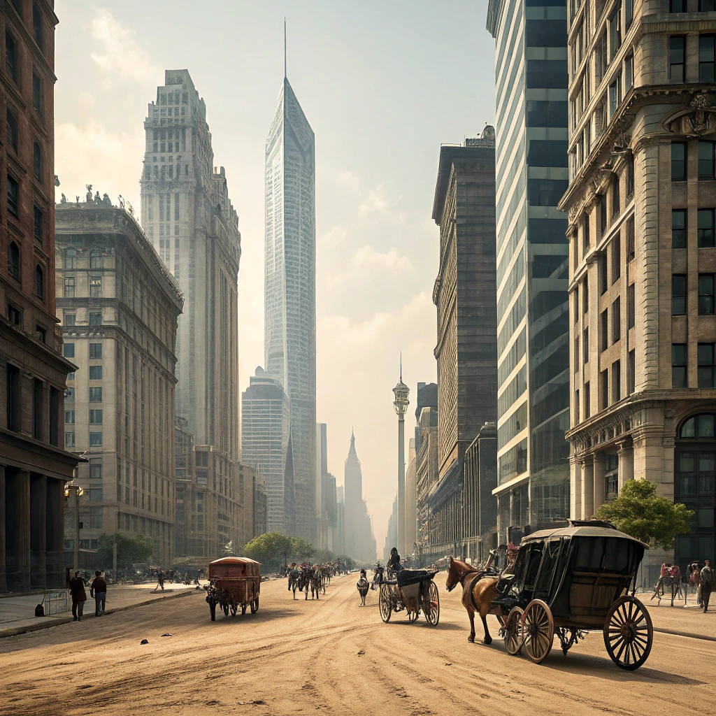 AI generated image by Red Panda AI: Crie uma fotografia em 4k realista de uma avenida de uma grande cidade com prédios de arquitetura futurista, na rua um chão de terra, charretes antigas puxadas por cavalos
