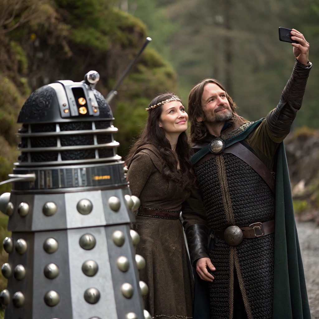 AI generated image by Red Panda AI: Arwen and Aragorn taking a selfie with a Daalek