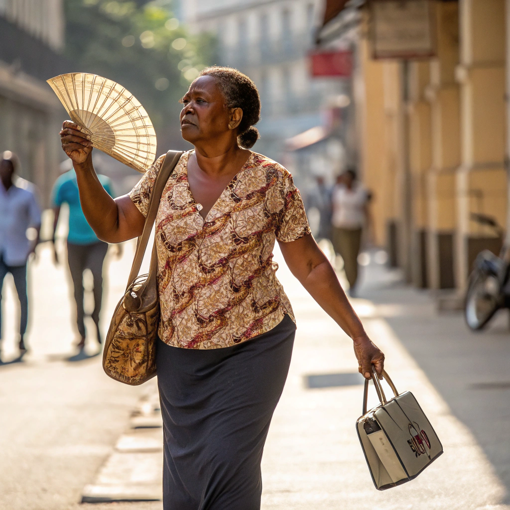 AI generated image by Red Panda AI: "A woman, weighing around 50kg, holds a handbag under her left arm, a fan in her right hand, and walks while collecting a debt."