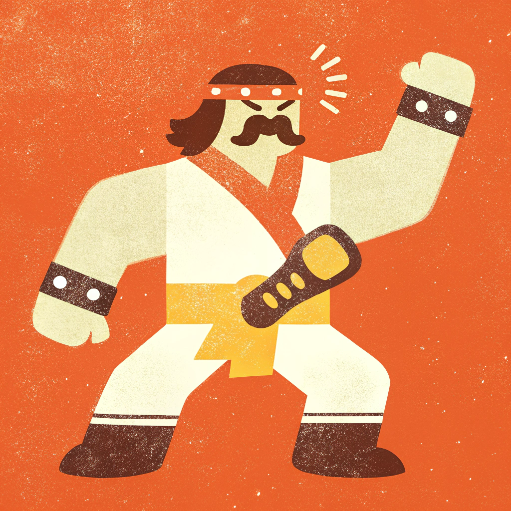 AI generated image by Red Panda AI: Kung fu master, vintage anime muscle man, chevron style mustache, 80's mullet style hair, white karate uniform, black wristbands, knee length black wrestling boots, red tallneck cape, red cape attached at the neck with a gold clasp, championship belt.