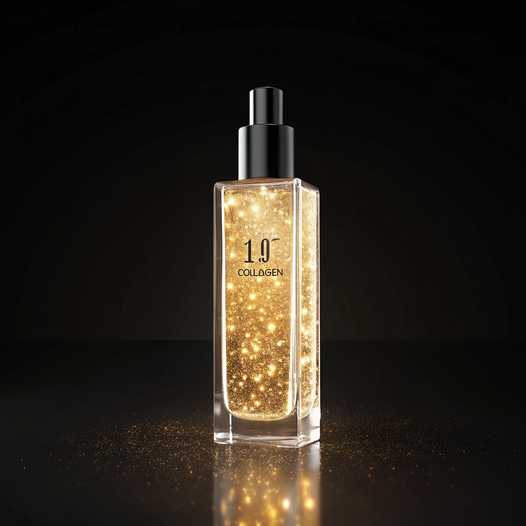 AI generated image by Red Panda AI: /imagine prompt:
A high-end rectangular skincare essence bottle filled with shimmering golden fluid,
featuring a glossy black cap. On the front, a refined text "1% Collagen" in subtle metallic gold.
The fluid inside emits a warm, radiant glow with delicate sparkles, evoking luxury and
premium skincare. Photographed against a deep black background in a dramatic, studio-style
lighting that highlights the reflective surfaces and glass clarity. Minimalist yet
sophisticated design, capturing an elegant black-and-gold color palette.
Ultra-realistic 3D rendering, trending on Behance --ar 2:3 --v 5