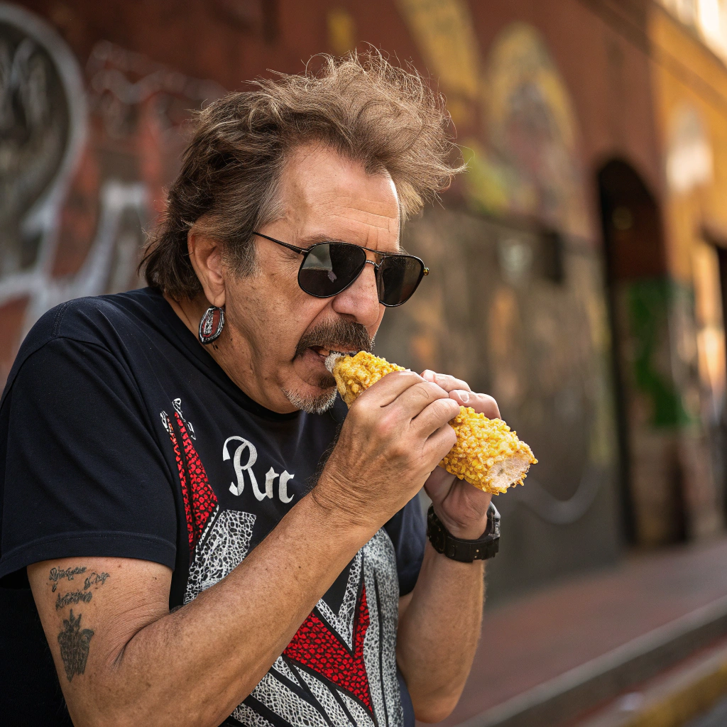 AI generated image by Red Panda AI: Caricatura de un hombre estilo chavorruco, visible de torso hacia arriba, comiendo un elote con mayonesa, chile y queso. Lleva lentes oscuros vintage, camiseta de banda de rock o estilo retro, cabello despeinado con entradas visibles, y un bigote prominente. Fondo urbano desenfadado, con colores cálidos y texturas tipo graffiti. Composición horizontal ideal para portada de Facebook