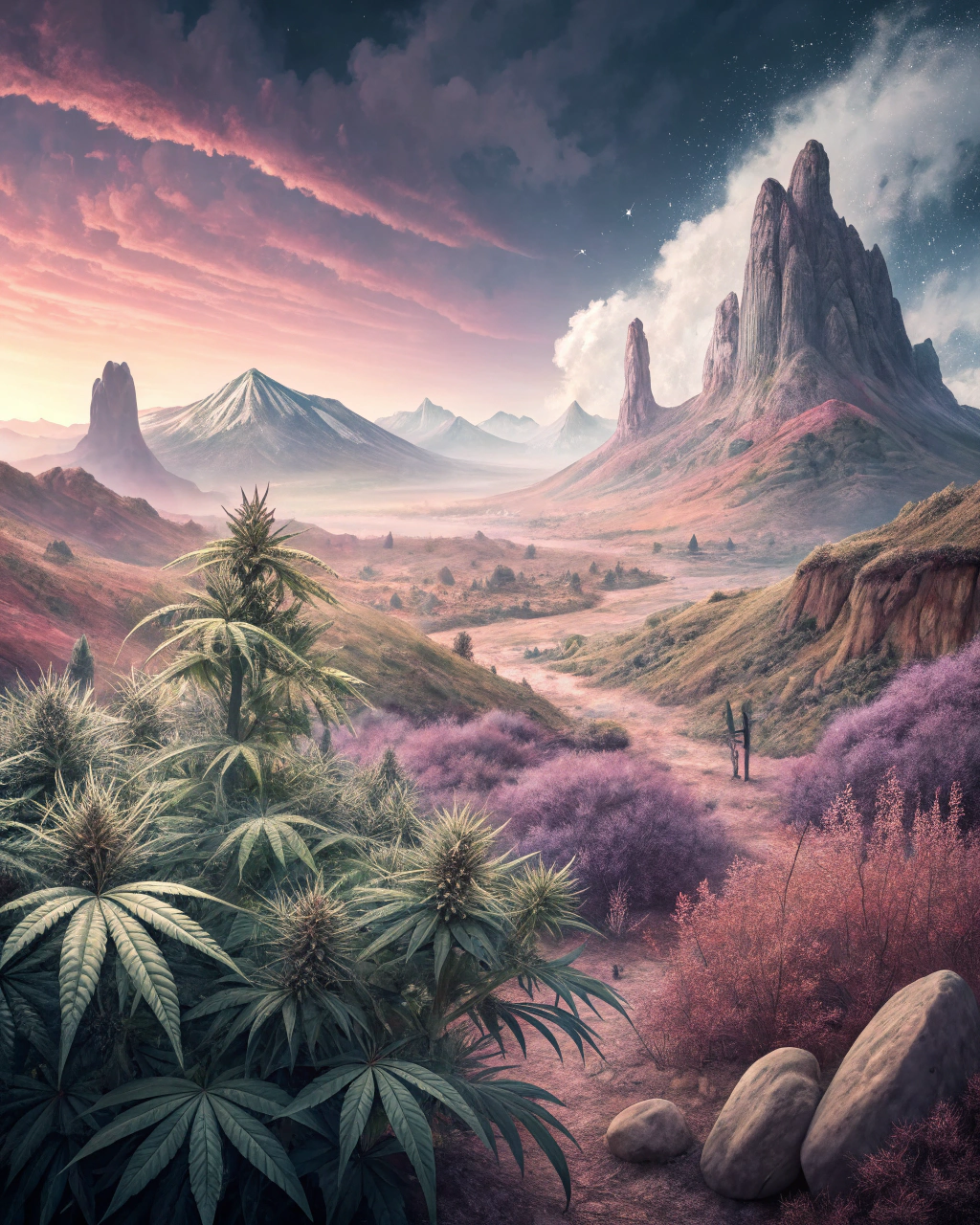 AI generated image by Red Panda AI: Pintura digital de un paisaje de la patagonia argentina con plantas de cannabis, con una paleta de colores onírica y una atmósfera surrealista.