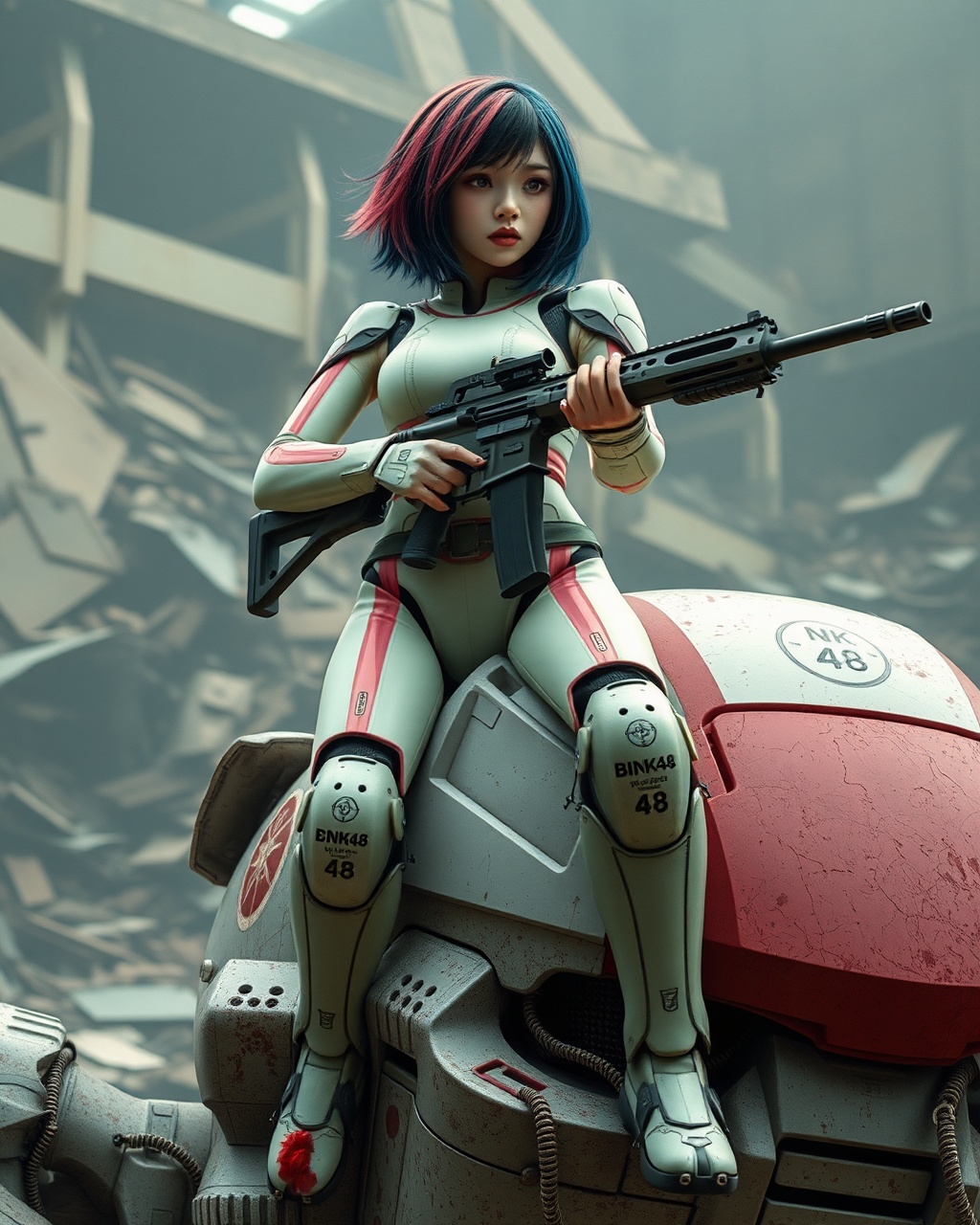 AI generated image by FLUX.1-schnell: Masterpiece full body of a Real Man,Virtual reality, skin like a real person , Best Quality,Beauty, full body image,War Cinematography , best shadows best illustrations Wallpaper size 1080×2400 px Detailed A realistic sci-fi image, similar to Hollywood movies. Full-length image of a Southeast Thai woman 14 years old very very big breasts, big breasts, short hair, dark pink and blue hair, white skin, hold a AR-15 Gun and shooing forward, There was a large spark at the muzzle of the gun. her face looking straight ahead but her eyes looking to the right. Her face shows an indifferent but powerful expression on her face. There is a long blood-streaked map. She is wearing a modern but retro robot costume in light green and pink color with the logos green text of "CGM48", and pink text of "BNK48", on the costume. She is standing on the head of a large robot (only the robot's feet are visible). Low-key lighting gives an apocalyptic feel. The background is a collapsed building with billowing smoke. GUNDAM image. A number of storm troopers are chasing after him from behind.