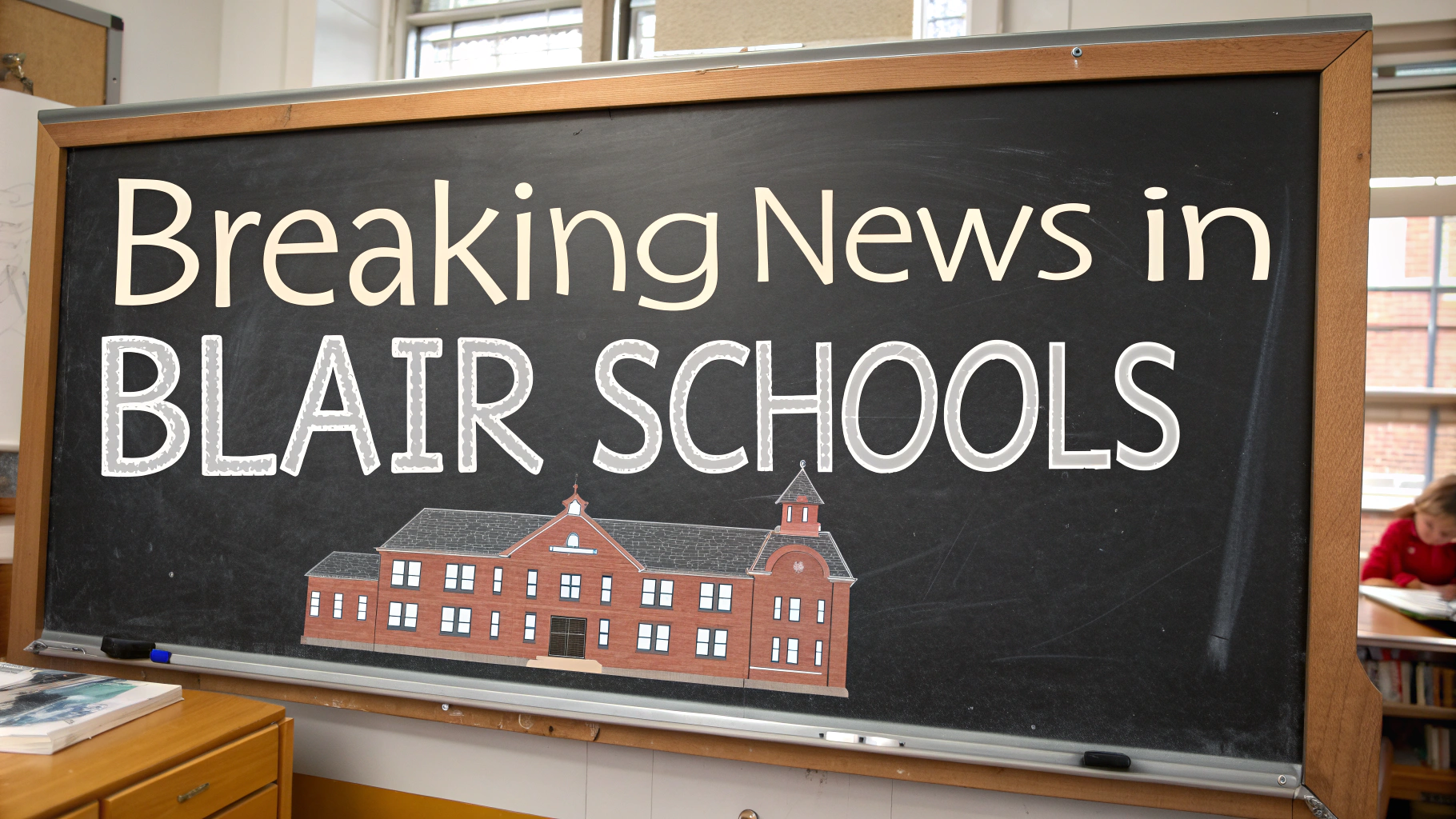 AI generated image by Red Panda AI: "Breaking News in Blair Schools" on a chalkboard, school motif, news alert style