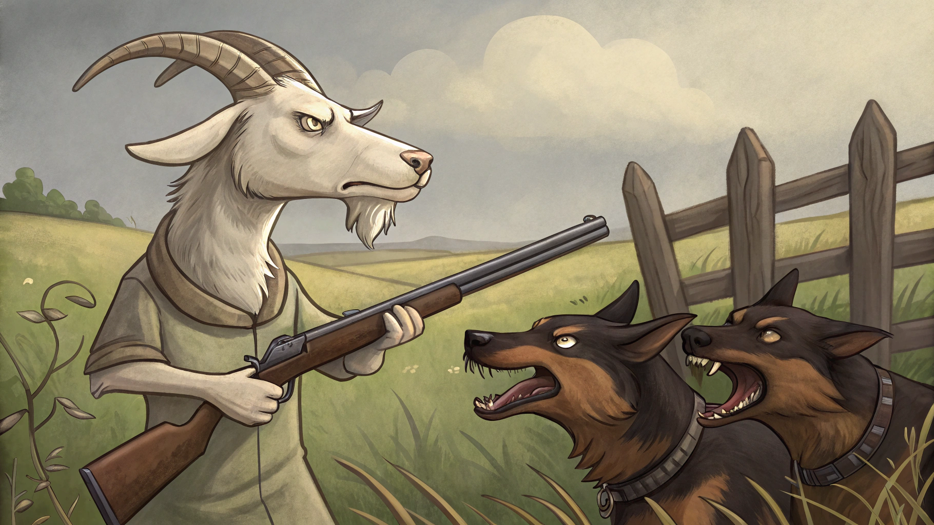 AI generated image by Red Panda AI: a goat with a shotgun stands guarding against two dogs