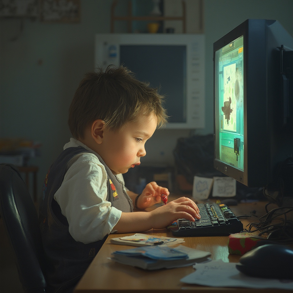 AI generated image by FLUX-Realism-Lora: HAS UN NIÑO JUGANDO EN EL COMPUTADOR REPRESENTANDO EL SEDENTARISMO