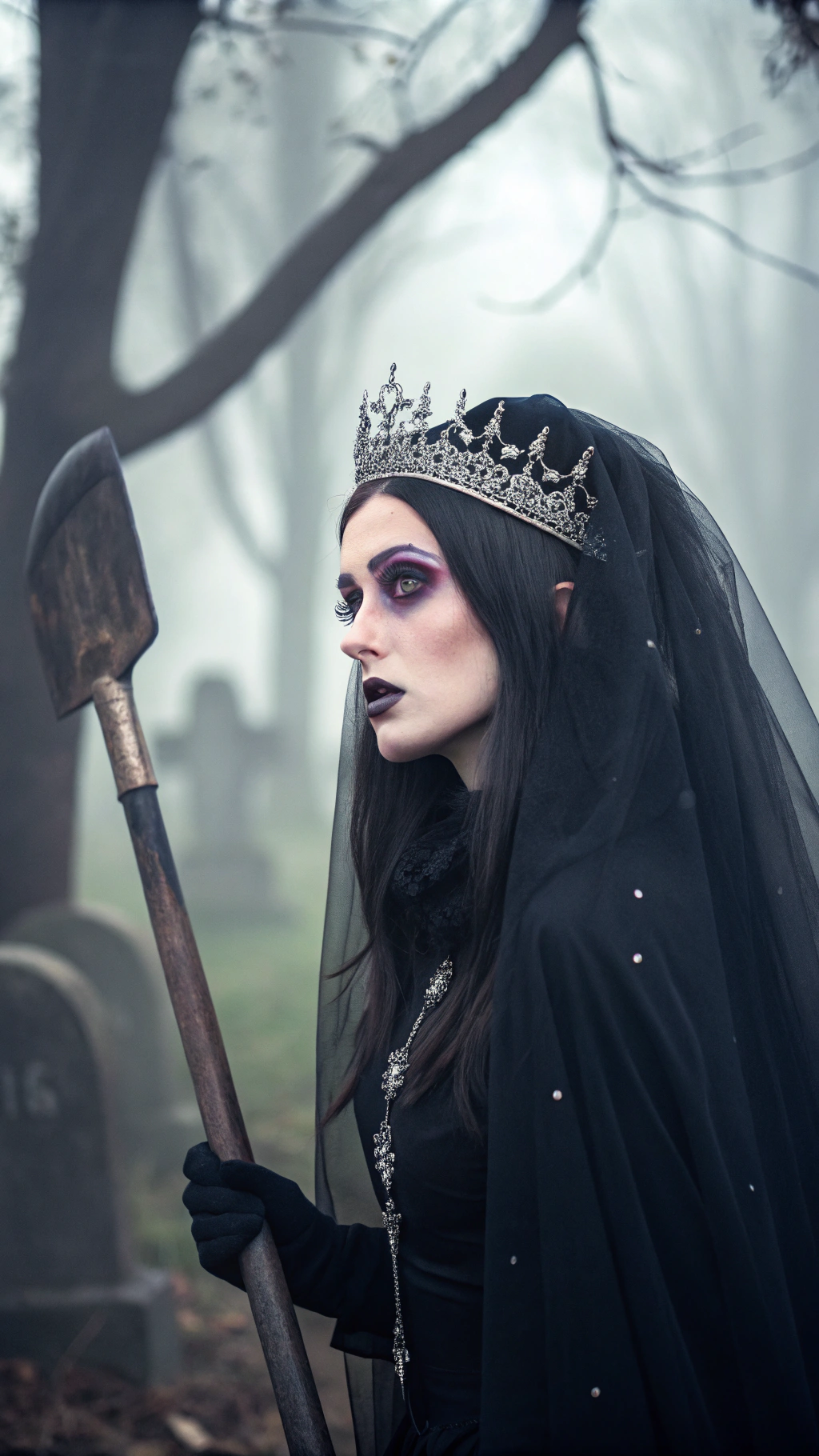 AI generated image by Red Panda AI: a pale female young adult with purple eye, black hair, black dressed, with a Silver tiara and black veil, manic expressions in her eyes, holding a shovel, graveyard background