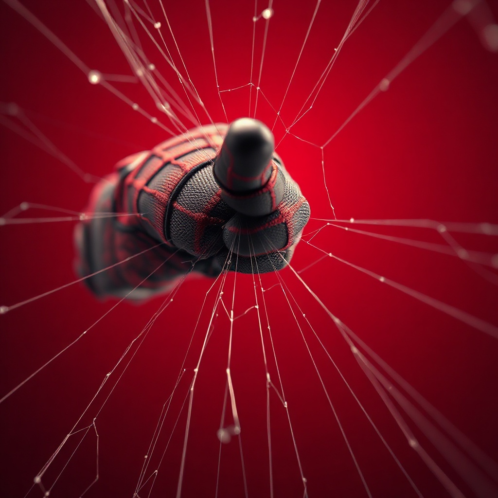 AI generated image by FLUX.1-schnell: A highly realistic cinematic close-up of a superhero's gloved hand emerging from the top center of the frame, pointing downward while shooting multiple thin, detailed spider-web strands toward the bottom of the image. The web strands flow naturally from the fingertips and extend from top to bottom, with intricate realistic silk fibers, subtle translucency, fine texture, and realistic tension. The glove has a sophisticated red-and-black superhero design with detailed fabric texture, subtle stitching, realistic folds, and dramatic highlights. Vertical 9:16 composition for Instagram Reels, hand positioned near the upper edge, leaving plenty of space below for the web strands. Deep vivid red background with a subtle gradient and cinematic atmosphere, soft volumetric lighting, realistic shadows, high contrast, sharp focus on the hand and webs, shallow depth of field, premium commercial photography, ultra-detailed, photorealistic, dynamic and elegant, 4K quality. No text, no logo, no watermark, no extra objects.
اجعل الخيوط ملتفة حول بعضها البعض لتكون خط واحد واضف جهاز في المرفق تنطلق منه والاصابع عددها 5