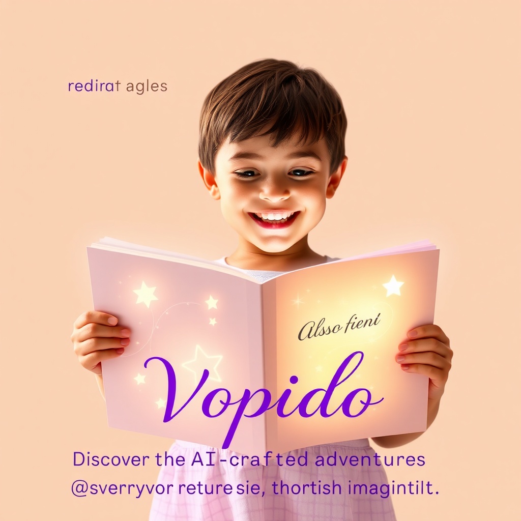 AI generated image by FLUX.1-schnell: Create an elegant, modern advertisement poster for Vopido, an AI‑powered educational platform that delivers fully personalized digital fairy tales for children aged 3‑8. The foreground features a joyful child holding an open glowing book, whose pages hum with soft, glowing motifs of stars testo and the child’s name tenuously woven into the illustrations, showcasing the unique personalization. The composition balances a large, friendly headline in a bold sans‑serif font that reads “Every child can be the hero of their own story” with a delicate script subtitle inviting parents and teachers to “Discover AI‑crafted adventures that nurture imagination.” Use a creamy backdrop in rgb(253, 248, 242) for a tranquil, premium feel, and accent the design with vibrant purple tones at rgb(111, 64, 204) around the title and key visual elements to evoke curiosity and trust. Light gently bathes the scene from a soft top‑right source, creating a warm, dreamy atmosphere. The layout is clean and minimal, emphasizing brand confidence and a sense of wonder, without clutter or overt tech icons, making it ideal for social media or high‑resolution digital displays.