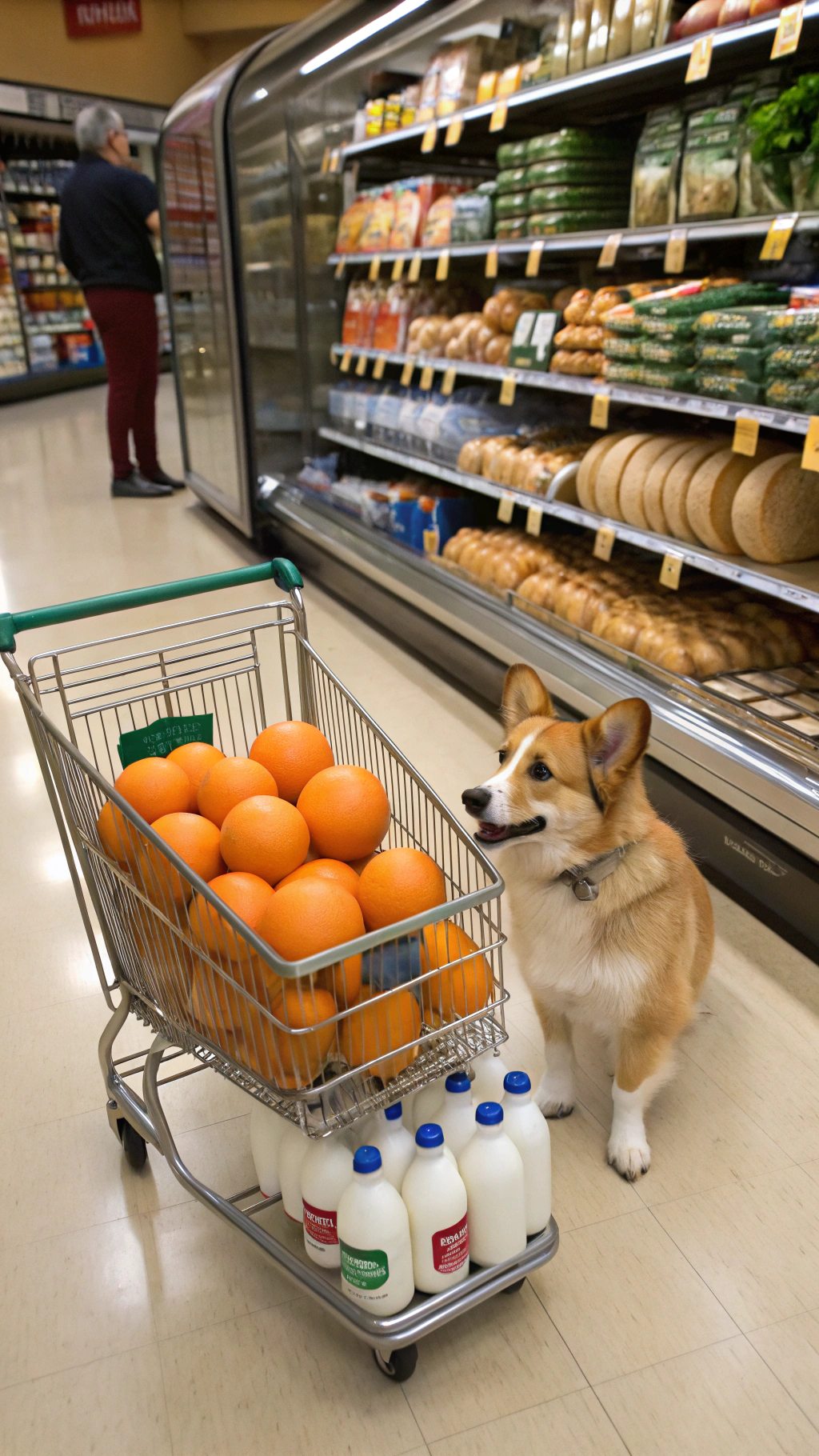 AI generated image by Red Panda AI: anthropomorphic standing naked corgi going shopping in an American grocery store next to the milk and eggs aisle pushing a miniature shopping cart filled with milk cartons, oranges, and bread loafs
