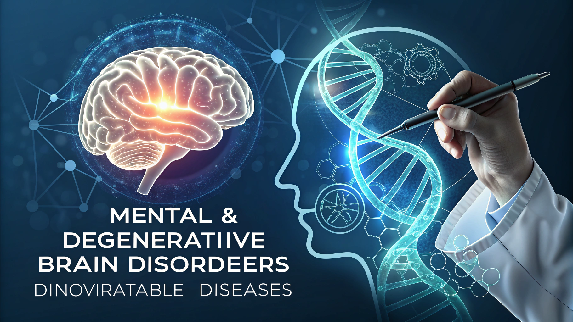AI generated image by Red Panda AI: A high-quality, professional background image representing mental and degenerative brain disorders with a focus on elderly intractable diseases. The scene should have a dark, modern, and scientific aesthetic, incorporating a glowing DNA double helix and a gloved hand holding a precise instrument like a fine needle or probe, symbolizing cutting-edge research and innovation. The brain should be illustrated with glowing neural pathways, connecting lines, and minimalist schematic elements. Use a cohesive, tech-inspired color scheme with subtle light effects that convey a sense of biomedical and engineering sophistication. The layout should be clean and organized, ensuring the background complements website text and icons without overwhelming them.