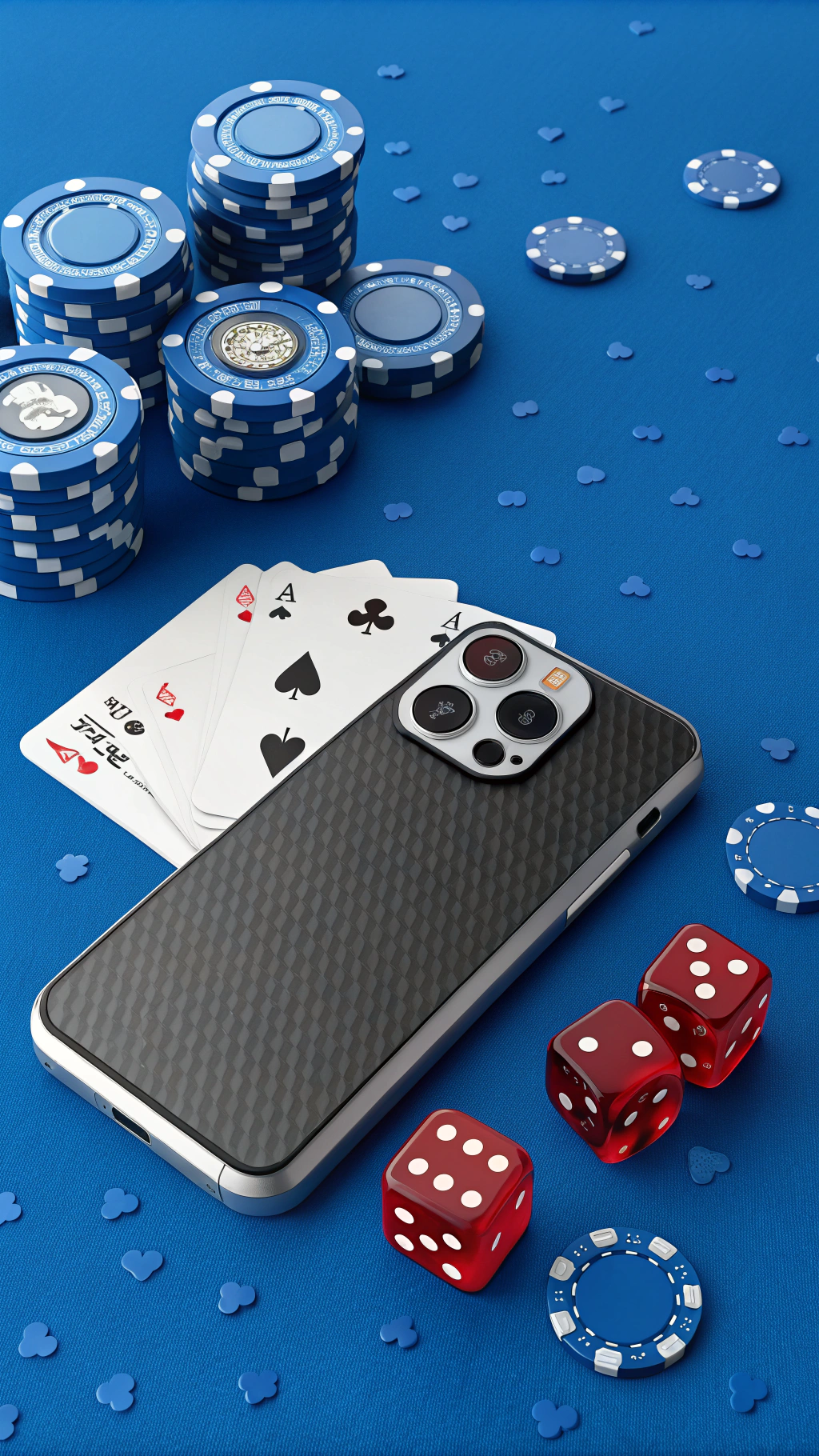 AI generated image by Red Panda AI: Un fondo azul real con pequeñas numerosas azules digitales un telefono de fondo gris y negro, unas cartas de poker, unas fichas de poker y unos dados