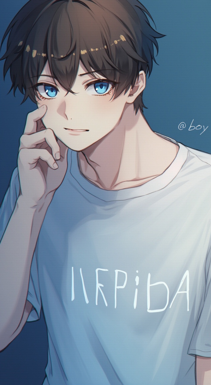 AI generated image by FLUX.1-pro: solo, short hair, shirt, dark brown hair, 1boy, holding, upper body, short sleeves, male focus, parted lips, english text HUAWEI oppai, white shirt, t-shirt, blue theme, blue eyes, looking at viewer