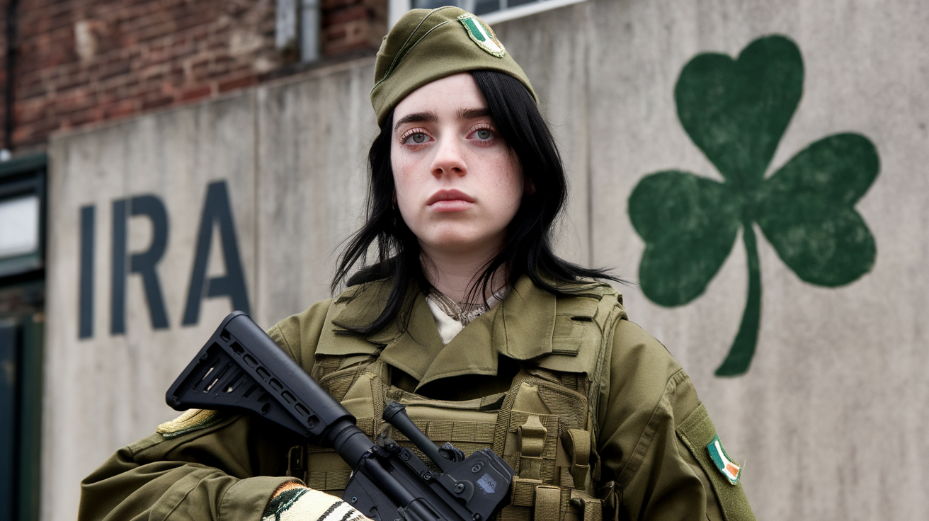 AI generated image by ideogram 2.0: singer Billie Eilish in an Irish Army uniform, with the word IRA written on the wall and a green shamrock drawn on it
