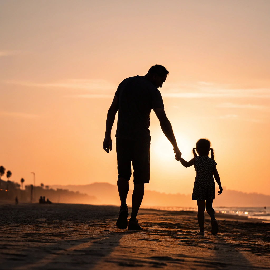 AI generated image by Red Panda AI: silueta de un padre, con complexion fuerte, dando la mano a su hija, en una playa y de fondo el sol en atardecer que abarque las siluetas